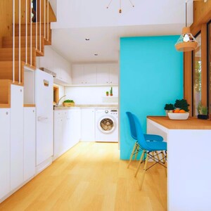 open-concept living, dining and kitchen area to save space