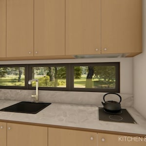 May include: A modern kitchen design featuring light wood cabinetry and a marble countertop. A black sink and stovetop are visible, along with a black kettle. A window offers a view of trees. The text "KITCHEN & DINING AREA" is at the bottom.