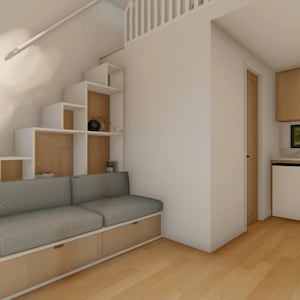 May include: Interior view of a modern living space with a loft. Features include a built-in sofa with storage, a staircase with open shelving, and a small kitchen area. The flooring is light-colored wood. The text "LIVING AREA" is visible.