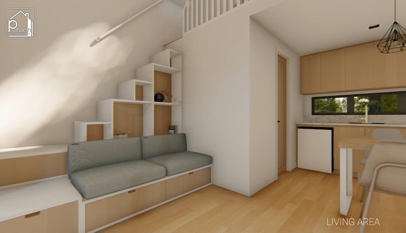 May include: Interior view of a modern living space with a loft. Features include a built-in sofa with storage, a staircase with open shelving, and a small kitchen area. The flooring is light-colored wood. The text "LIVING AREA" is visible.