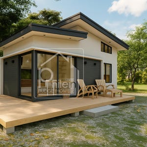 Puede incluir: Una casa moderna y minimalista con techo plano y terraza de madera. El exterior presenta paredes blancas, detalles en gris oscuro y grandes ventanales. Dos sillas de madera y una peque&ntilde;a mesa est&aacute;n en la terraza. Incluye el texto "nilein BUDGET HOMES".