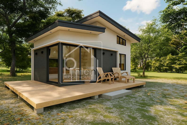 Puede incluir: Una casa moderna y minimalista con techo plano y terraza de madera. El exterior presenta paredes blancas, detalles en gris oscuro y grandes ventanales. Dos sillas de madera y una peque&ntilde;a mesa est&aacute;n en la terraza. Incluye el texto "nilein BUDGET HOMES".