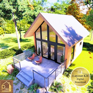 May include: A modern cabin with a light wood exterior, large glass windows, and a sloped roof. The cabin has a deck with two chairs and a metal railing. The image includes the text "Layout Kit Digital Download".