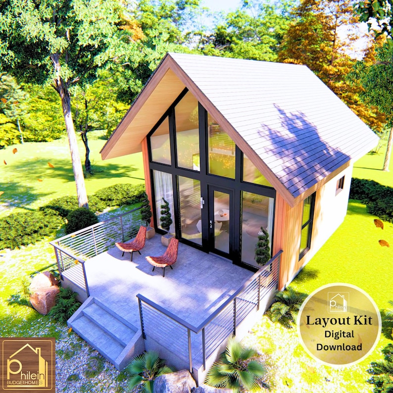 May include: A modern cabin with a light wood exterior, large glass windows, and a sloped roof. The cabin has a deck with two chairs and a metal railing. The image includes the text "Layout Kit Digital Download".
