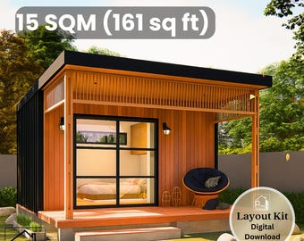 May include: A modern wooden cabin with a black roof and accents, set on a grassy lawn. The cabin features a large window, a small porch, and the text "15 SQM (161 sq ft)". A digital layout kit is available.