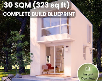 Puede incluir: Plano de una casa blanca de dos pisos con el texto "30 SQM (323 sq ft) COMPLETE BUILD BLUEPRINT". La casa tiene un diseño moderno con grandes ventanales y un pequeño porche. La imagen incluye un logotipo y las palabras "Instant Download".