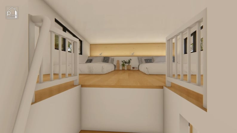 Puede incluir: Vista interior de un dormitorio tipo loft moderno con dos camas. Las camas est&aacute;n cubiertas con ropa de cama blanca y tienen almohadas grises. La habitaci&oacute;n tiene un suelo de madera clara y una barandilla blanca. Hay una peque&ntilde;a planta.