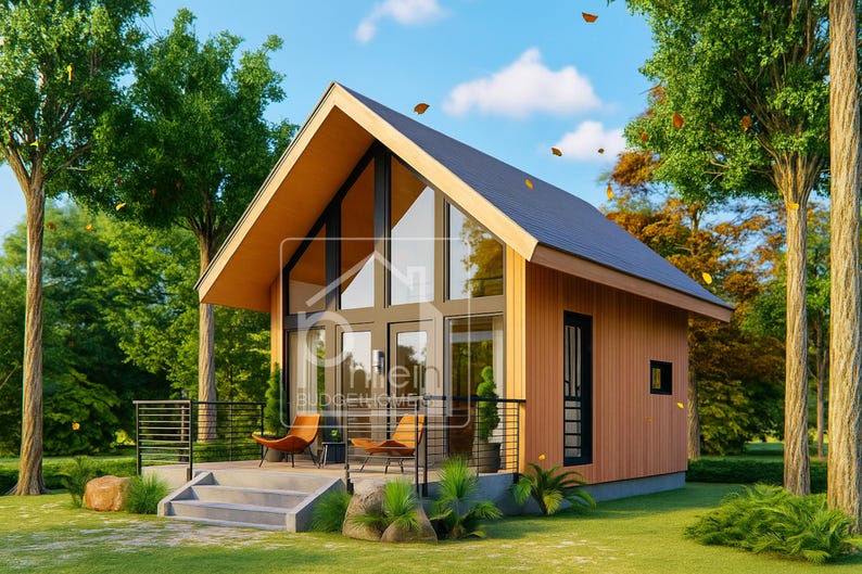 May include: A modern, small cabin with a gabled roof and large glass windows. The exterior features light brown wood siding and a dark gray roof. The cabin has a small porch with two chairs and a black railing, surrounded by trees and green grass.