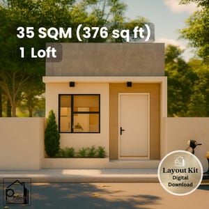 Può includere: Un rendering architettonico digitale di una piccola casa moderna con un soppalco. La casa è bianca con un tetto e finiture marrone chiaro. Il testo sull'immagine recita "35 mq (35.5 sq m) 1 Loft". È presente anche il testo "Layout Kit Digital Download".