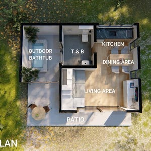 May include: A 3D floor plan rendering of a modern home with an outdoor bathtub, patio, kitchen, dining area, living area, and T&B. The image includes the text "3D FLOOR PLAN". The home is surrounded by green grass.