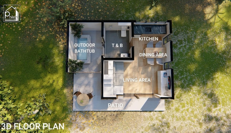 May include: A 3D floor plan rendering of a modern home with an outdoor bathtub, patio, kitchen, dining area, living area, and T&B. The image includes the text "3D FLOOR PLAN". The home is surrounded by green grass.