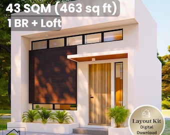 Könnte beinhalten: Ein moderner, weißer Ein-Zimmer-Hausplan mit Loft, 43 qm groß. Merkmale sind eine Holztür, dunkle Holzverkleidung und eine kleine Veranda mit Grün. Der Text "Layout Kit Digital Download" ist enthalten.