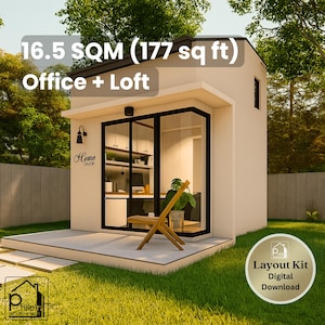 Puede incluir: Una pequeña y moderna oficina y loft con un exterior beige claro. El edificio tiene grandes puertas y ventanas de vidrio, un pequeño patio y una silla de madera. El texto de la imagen dice "16,5 m² (177 pies cuadrados) Oficina + Loft".