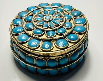 vintage blue rosary beads with container