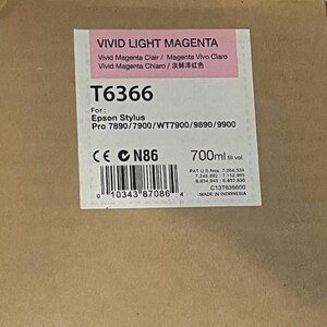 May include: A brown cardboard box with a label for Vivid Light Magenta ink. The label includes the product code T6366, the Epson Stylus model, and a 700ml fill volume. The label also has a barcode and the text "MADE IN INDONESIA".