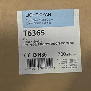 May include: A rectangular box with a label that reads "LIGHT CYAN" in blue and white. The label also includes the text "T6365" and "700ml fill vol." The box is for Epson Stylus Pro printers.
