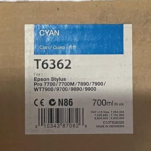 May include: A cyan ink cartridge for Epson Stylus Pro printers. The label includes the text "CYAN", "T6362", and "700ml fill vol.". The cartridge is designed for various Epson Stylus Pro models.