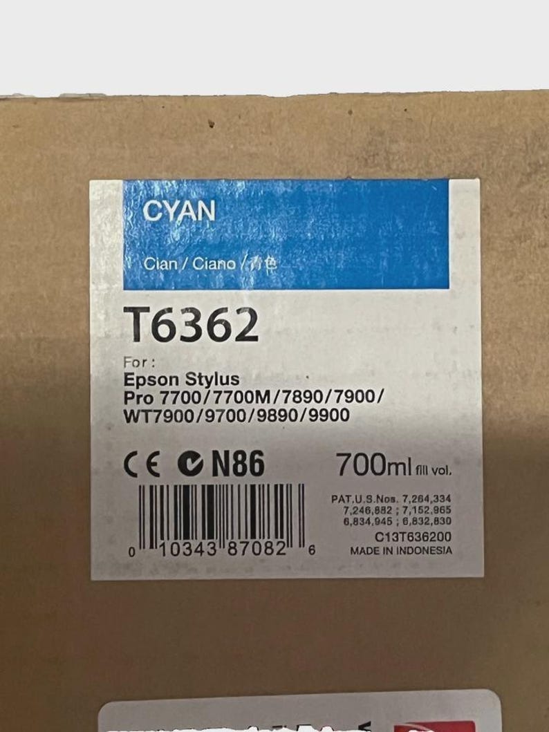 May include: A cyan ink cartridge for Epson Stylus Pro printers. The label includes the text "CYAN", "T6362", and "700ml fill vol.". The cartridge is designed for various Epson Stylus Pro models.
