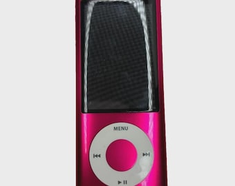 May include: A bright pink digital music player with a rectangular black screen and a circular white click wheel. The click wheel features the word MENU at the top, along with playback control icons for skipping tracks and play-pause.