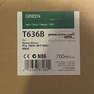May include: A green Epson T636B ink cartridge box. The box includes the text "GREEN", "EPSON ULTRACHROME HDR INK", and "700ml fill vol.". It is for Epson Stylus Pro 7900/WT7900/9900 printers.