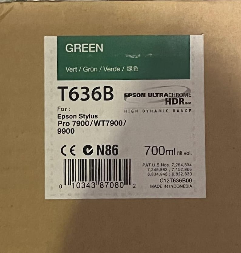 May include: A green Epson T636B ink cartridge box. The box includes the text "GREEN", "EPSON ULTRACHROME HDR INK", and "700ml fill vol.". It is for Epson Stylus Pro 7900/WT7900/9900 printers.