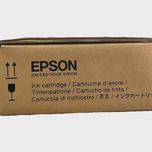 May include: A brown cardboard box with the Epson logo and the text "EXCEED YOUR VISION." The box is labeled "Ink cartridge" in multiple languages, including English, French, German, Spanish, Italian, and Japanese.