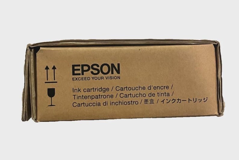 May include: A brown cardboard box with the Epson logo and the text "EXCEED YOUR VISION." The box is labeled "Ink cartridge" in multiple languages, including English, French, German, Spanish, Italian, and Japanese.