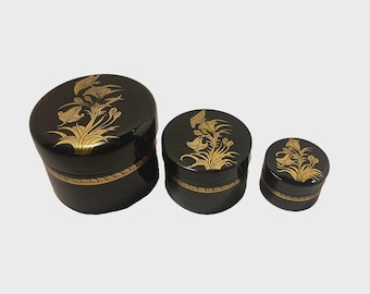 Vintage Lacquerware Trinket Nesting Boxes Black and Gold Set of 3
