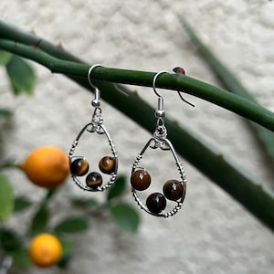 Tiger’s Eye Vintage Silver Plated Oval-y Hoops. Nickel Free Handmade Wire Wrapped Crystal Beads Earrings. Small Gift, Valentine’s Day Gift.