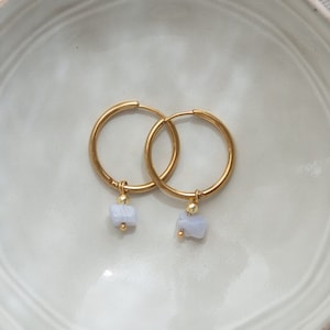 Gold-plated hoop earrings with pendants made of various gemstones, hypoallergenic | LUNA