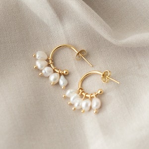 Handmade drop earrings made of gold-plated stainless steel hoops and delicate freshwater pearl pendants | DAPHNE
