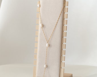 14K Gold Filled Y-Kette, Gold gefüllte Figaro Halskette mit Süßwasserperlen-Anhänger | MATHILDE