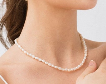 Dainty pearl necklace made of freshwater pearls and 24k gold-plated clasp, freshwater pearl choker | PEARL