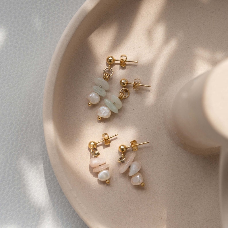 Elegant hanging earrings made of gold-plated stud earrings and pendants made of freshwater pearls and various gemstone beads HELENA image 1
