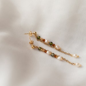 Drop earrings made of delicate freshwater pearls and natural stone beads with gold-plated stainless steel chain LYRA image 8