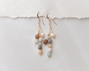 14K Gold Filled hanging earrings with natural stone and freshwater pearls - Amazonite turquoise & earth tones - Boho jewelry | LEGEND