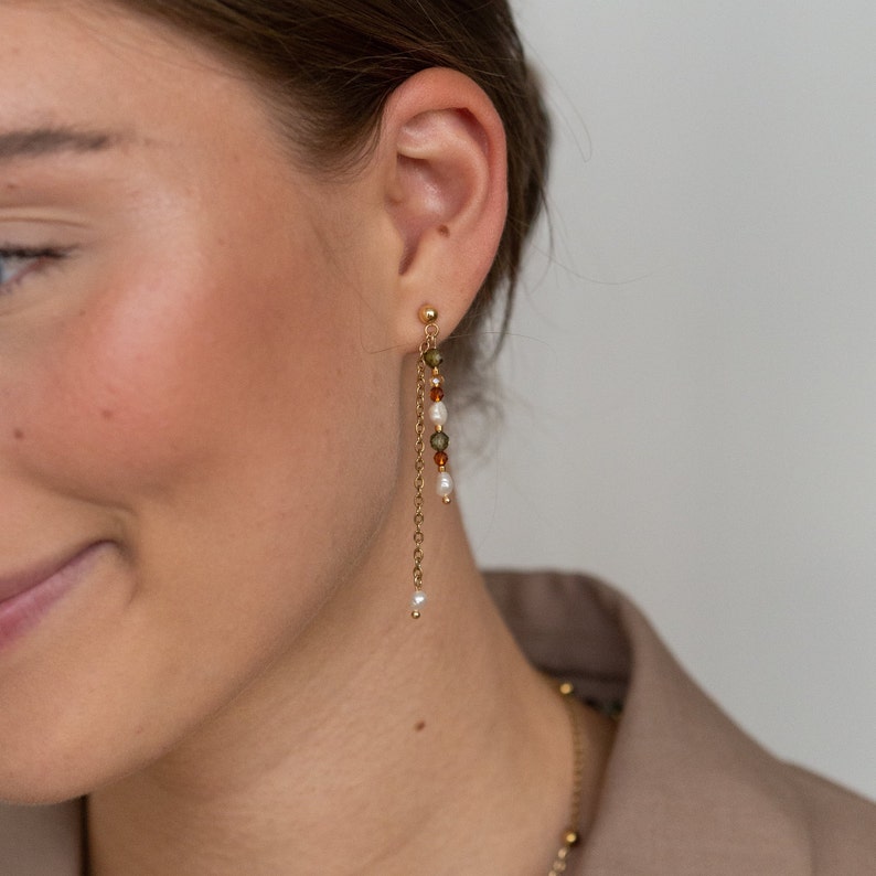 Drop earrings made of delicate freshwater pearls and natural stone beads with gold-plated stainless steel chain LYRA image 7