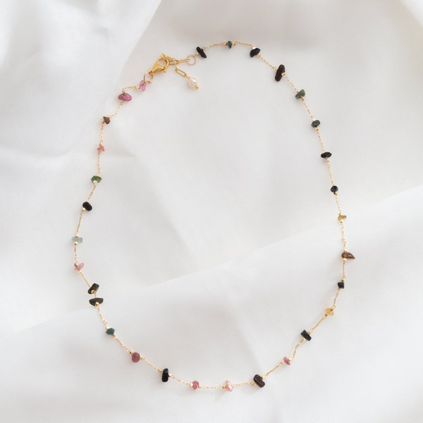 Dainty tourmaline necklace made of colorful gemstones and 24k gold-plated clasp, necklace made of healing stones | AURELIA