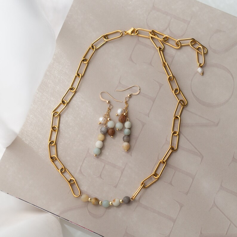 Natural stone pearl necklace made of colorful Amazonite beads with 24k gold-plated clasp Boho jewelry LEGEND image 5