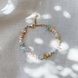 Gemstone bracelet made of real freshwater pearls and colorful morganite gemstones with 24k gold-plated clasp | IVY