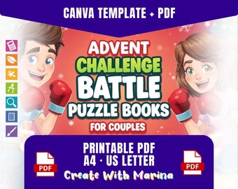 以下が含まれることがあります： CanvaテンプレートとPDFのデジタルグラフィック。デザインは「Advent Challenge Battle Puzzle Books for Couples」のテキストが特徴です。ボクシンググローブを着用した男性と女性のイラストがテキストの両側にあります。「Printable PDF A4 - US Letter」のテキストも含まれています。