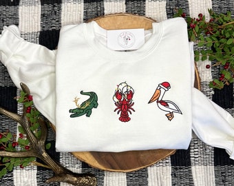 Embroidered Cajun Christmas Sweatshirt, Louisiana Alligator Crawfish Pelican