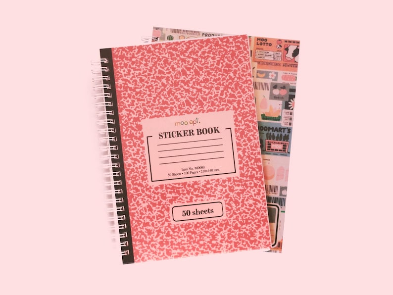 May include: A spiral-bound sticker book with a pink cover featuring a speckled pattern. The cover has a label that reads "STICKER BOOK" and "50 sheets". A second sheet with colorful graphics is visible behind the book.