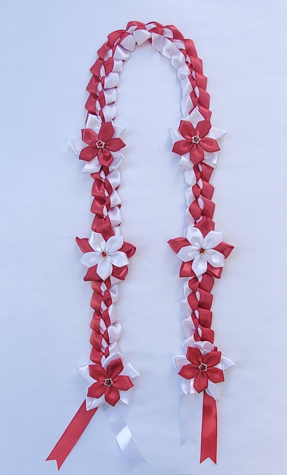 Handmade White and Coral Ribbon Lei Necklace Handmade Graduation Ribbon Lei: Pink, White & Gold 2026  main image 4