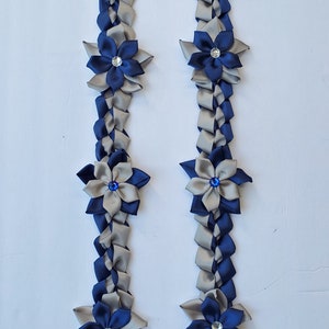 Graduation Lei in Gray and Navy Blue satin ribbons.
