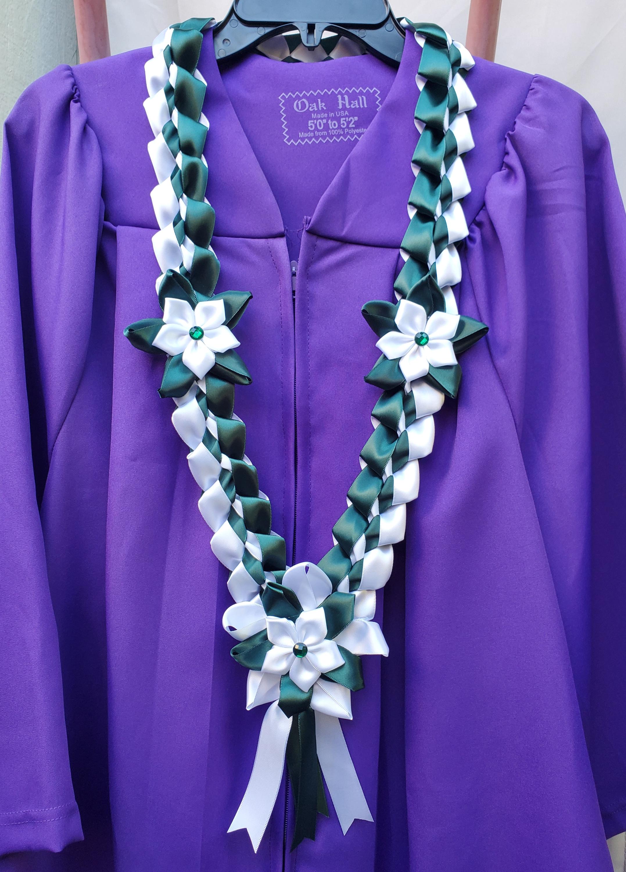 Handcrafted Satin Ribbon Graduation Lei - Dark Green & White - Etsy