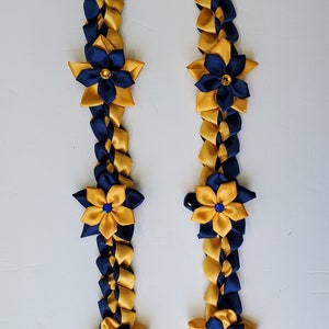 Graduation Lei in Navy Blue and Gold satin ribbons.  Perfect gift for your middle, high school and college graduates.