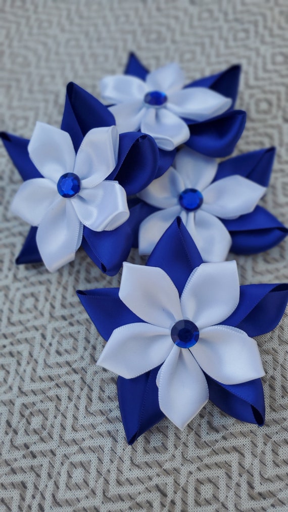 Set of 4 Ribbon Flowers, Handmade in White and Royal Blue. - Etsy