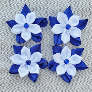 Set of 4 Ribbon flowers, Handmade in White and Royal Blue.