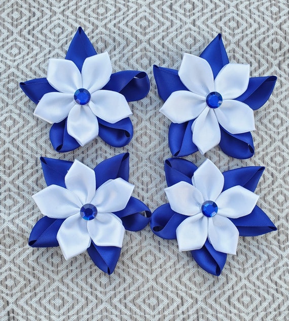 Set of 4 Ribbon Flowers, Handmade in White and Royal Blue. - Etsy